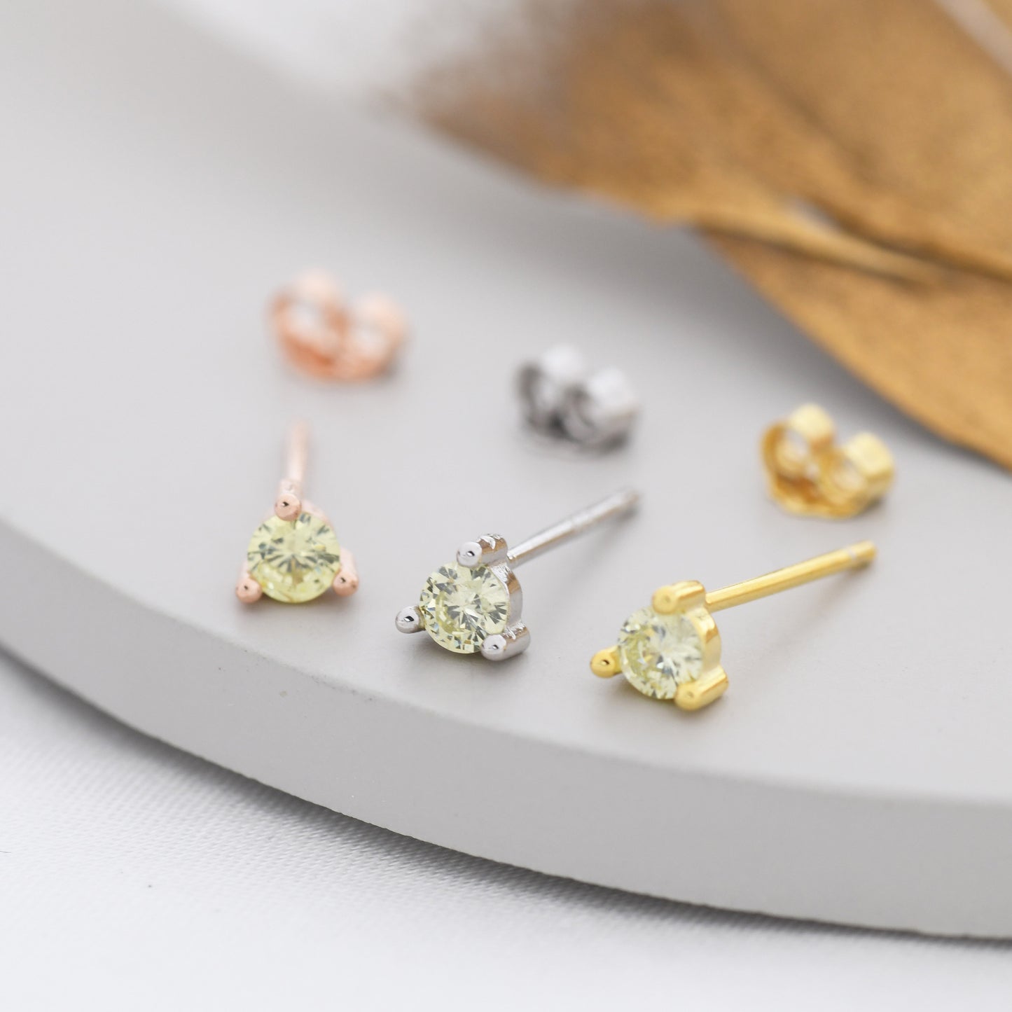 Sterling Silver Peridot Green Stud Earrings,  3mm August Birthstone CZ Earrings, Three Prong, Silver, Gold or Rose Gold, Stacking Earrings