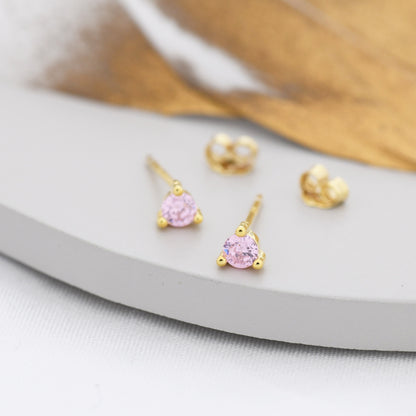 Sterling Silver Tourmaline Pink Stud Earrings,  3mm October Birthstone CZ Earrings, Three Prong, Silver, Gold or Rose Gold, Stacking Earring