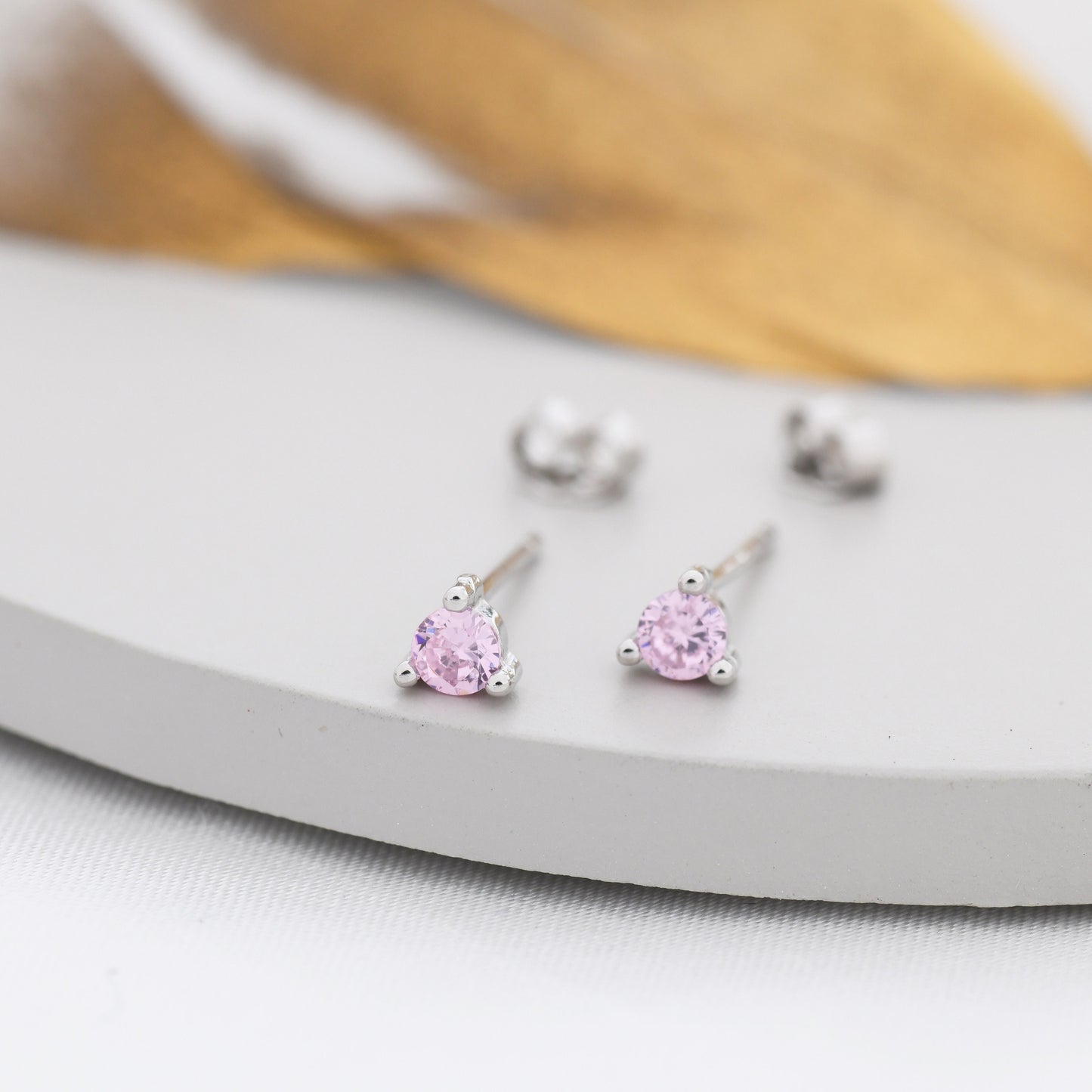 Sterling Silver Tourmaline Pink Stud Earrings,  3mm October Birthstone CZ Earrings, Three Prong, Silver, Gold or Rose Gold, Stacking Earring