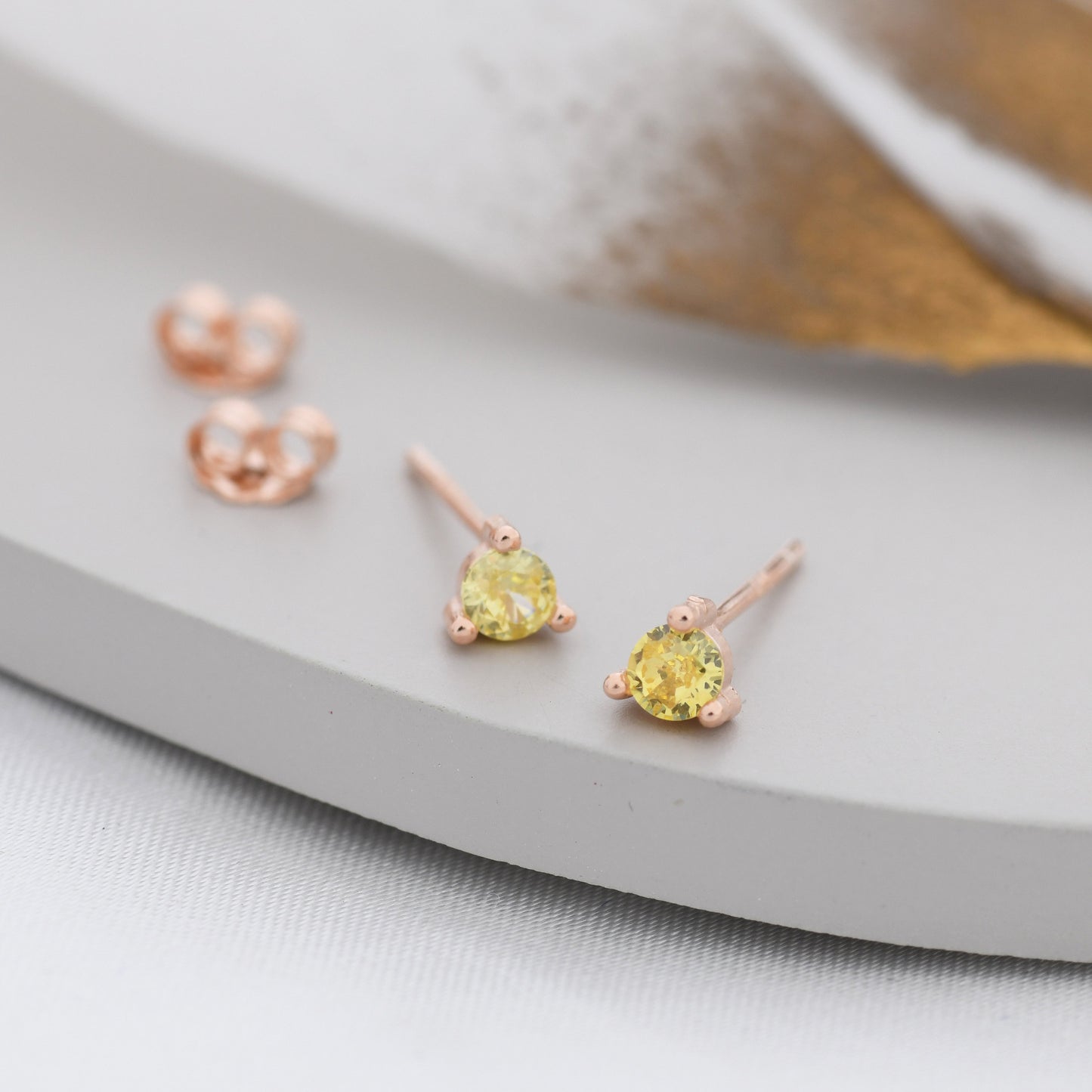 Sterling Silver Citrine Yellow Stud Earrings,  3mm November Birthstone CZ Earrings, Three Prong, Silver, Gold or Rose Gold, Stacking Earring