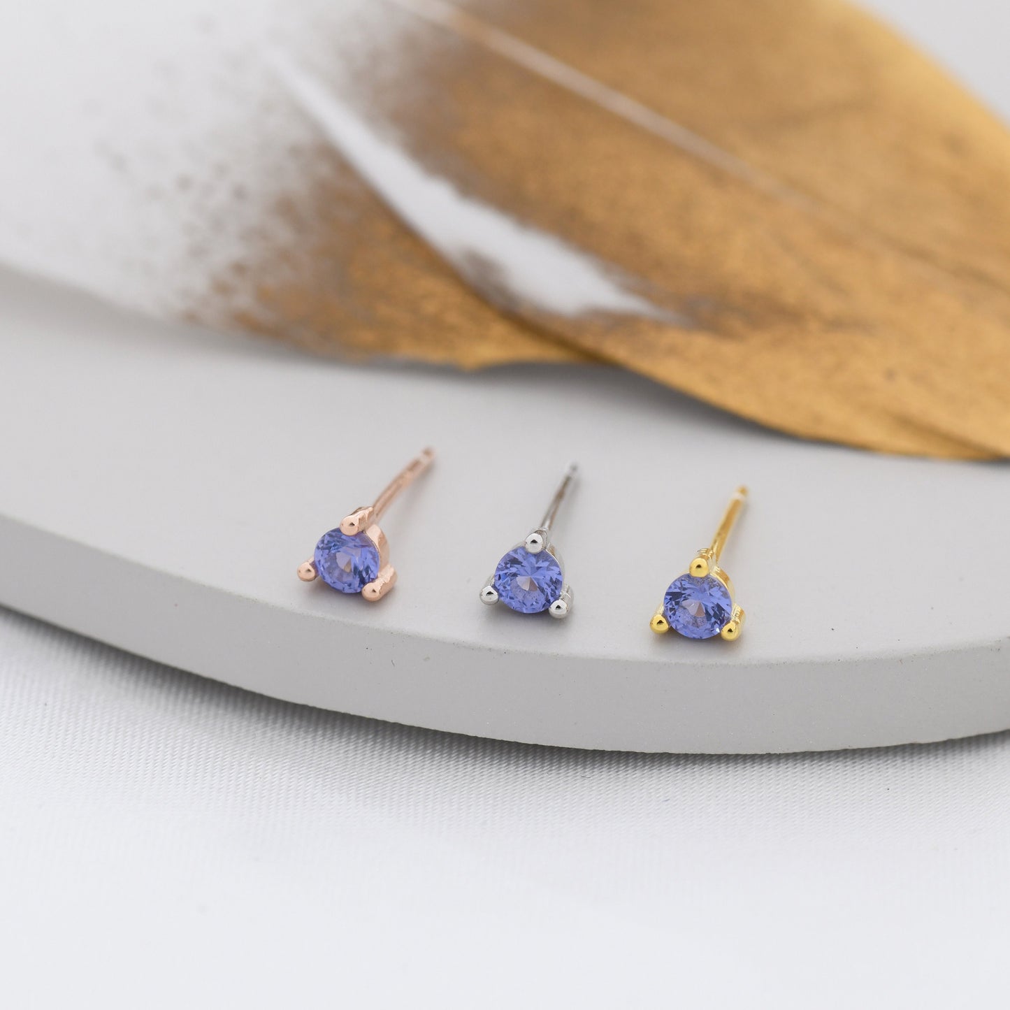 Sterling Silver Tanzanite Blue Stud Earrings,  3mm December Birthstone CZ Earrings, Three Prong, Silver, Gold or Rose Gold, Stacking Earring