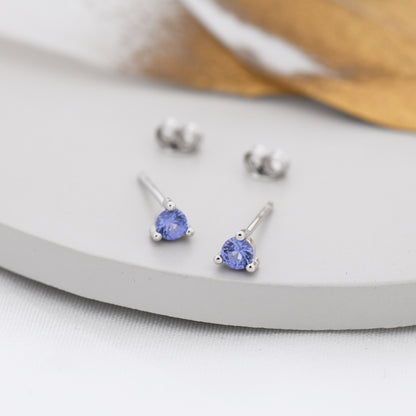 Sterling Silver Tanzanite Blue Stud Earrings,  3mm December Birthstone CZ Earrings, Three Prong, Silver, Gold or Rose Gold, Stacking Earring