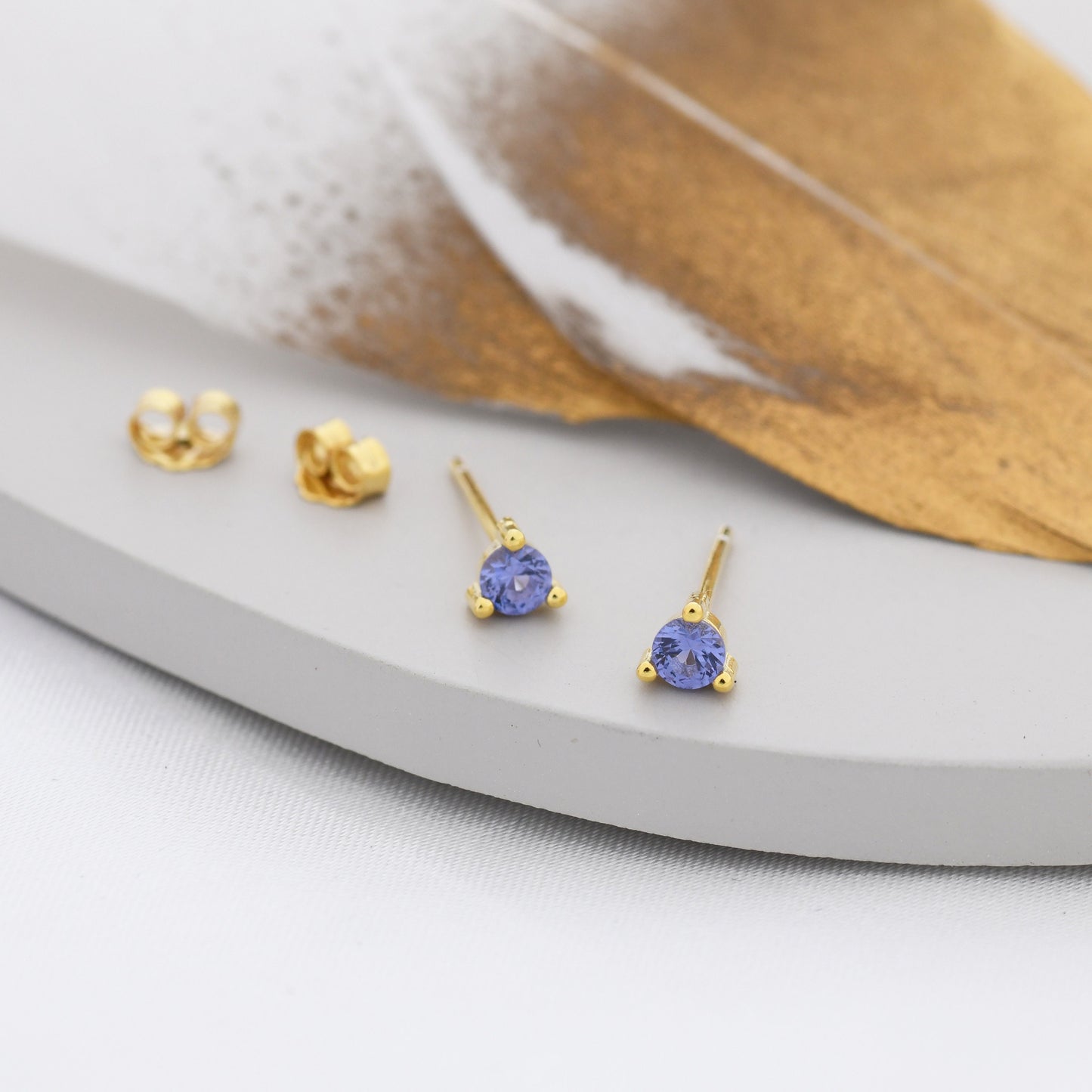 Sterling Silver Tanzanite Blue Stud Earrings,  3mm December Birthstone CZ Earrings, Three Prong, Silver, Gold or Rose Gold, Stacking Earring