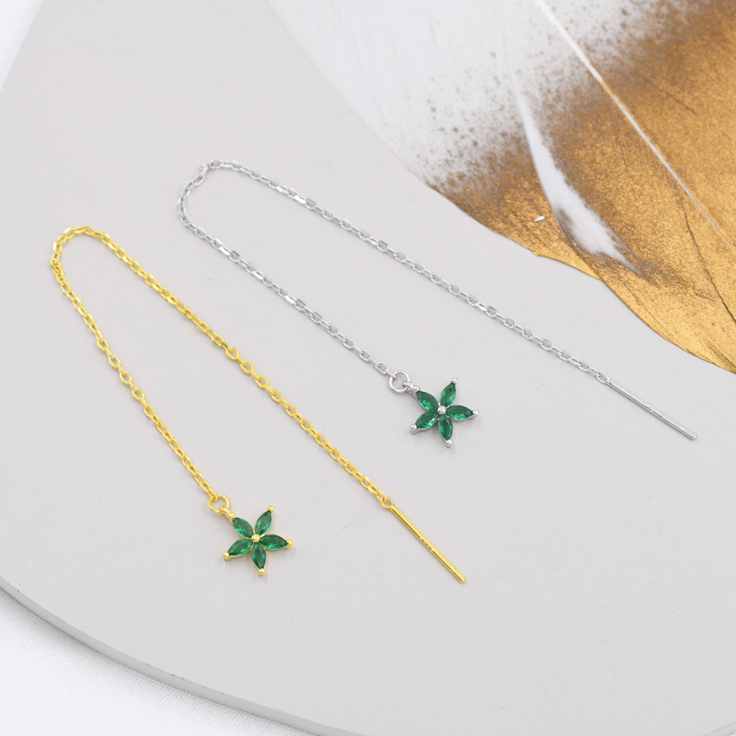 Emerald Green CZ Flower Threader Earrings in Sterling Silver, Silver or Gold, Forget-me-not Floral Ear Threaders, Sparkly CZ Threaders