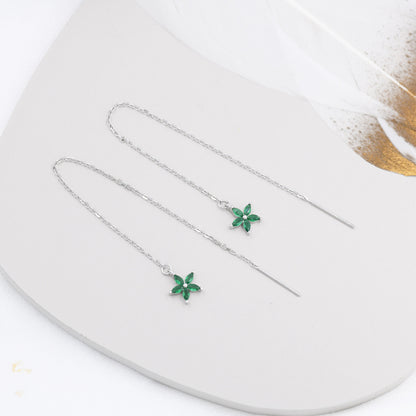 Emerald Green CZ Flower Threader Earrings in Sterling Silver, Silver or Gold, Forget-me-not Floral Ear Threaders, Sparkly CZ Threaders