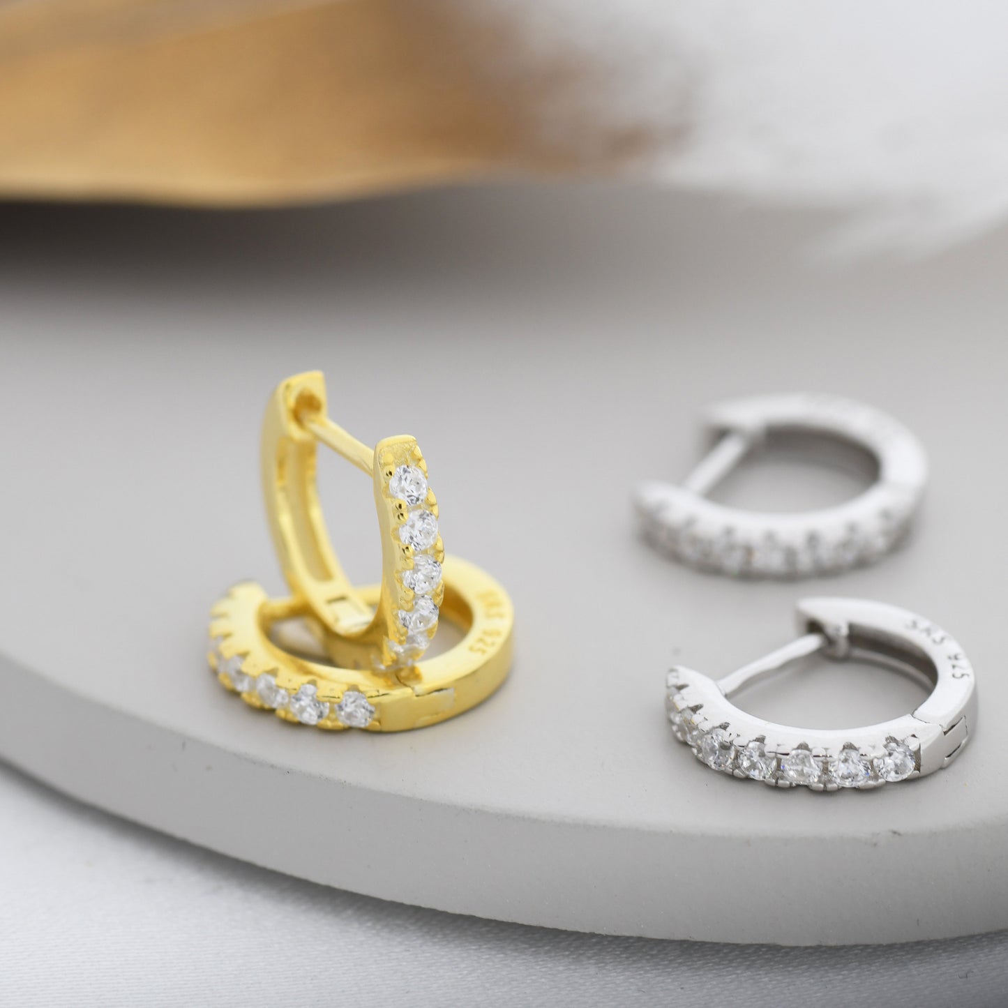 CZ Huggie Hoops in Sterling Silver, Silver or Gold, Minimalist Hoop Earrings, 8mm Hoops, cartilage hoops