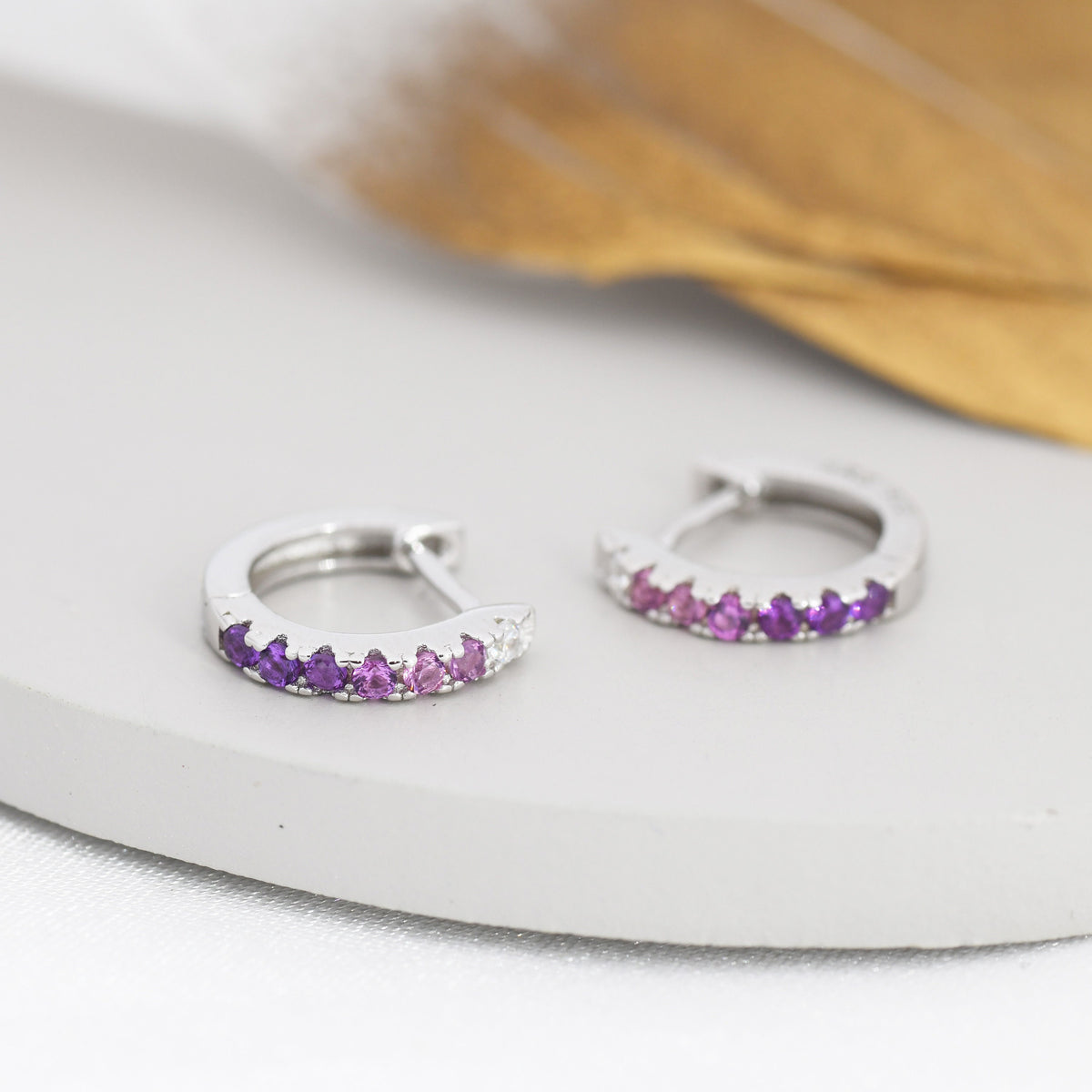Amethyst Purple Ombre CZ Huggie Hoops in Sterling Silver, Silver or Gold, Minimalist Hoop Earrings, 8mm Hoops, cartilage hoops, Gradient