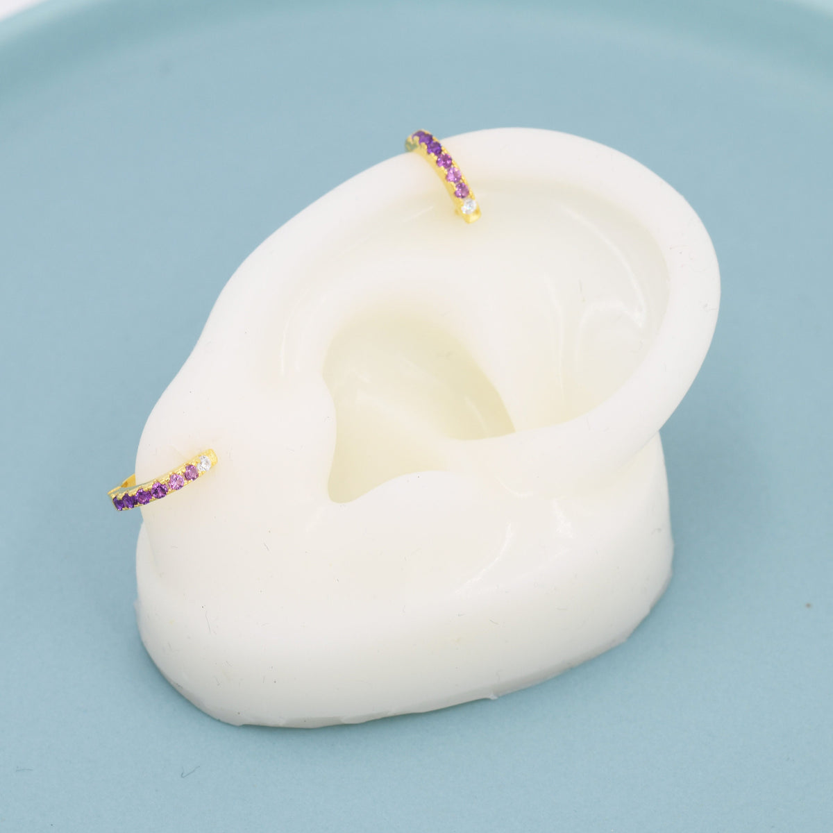 Amethyst Purple Ombre CZ Huggie Hoops in Sterling Silver, Silver or Gold, Minimalist Hoop Earrings, 8mm Hoops, cartilage hoops, Gradient