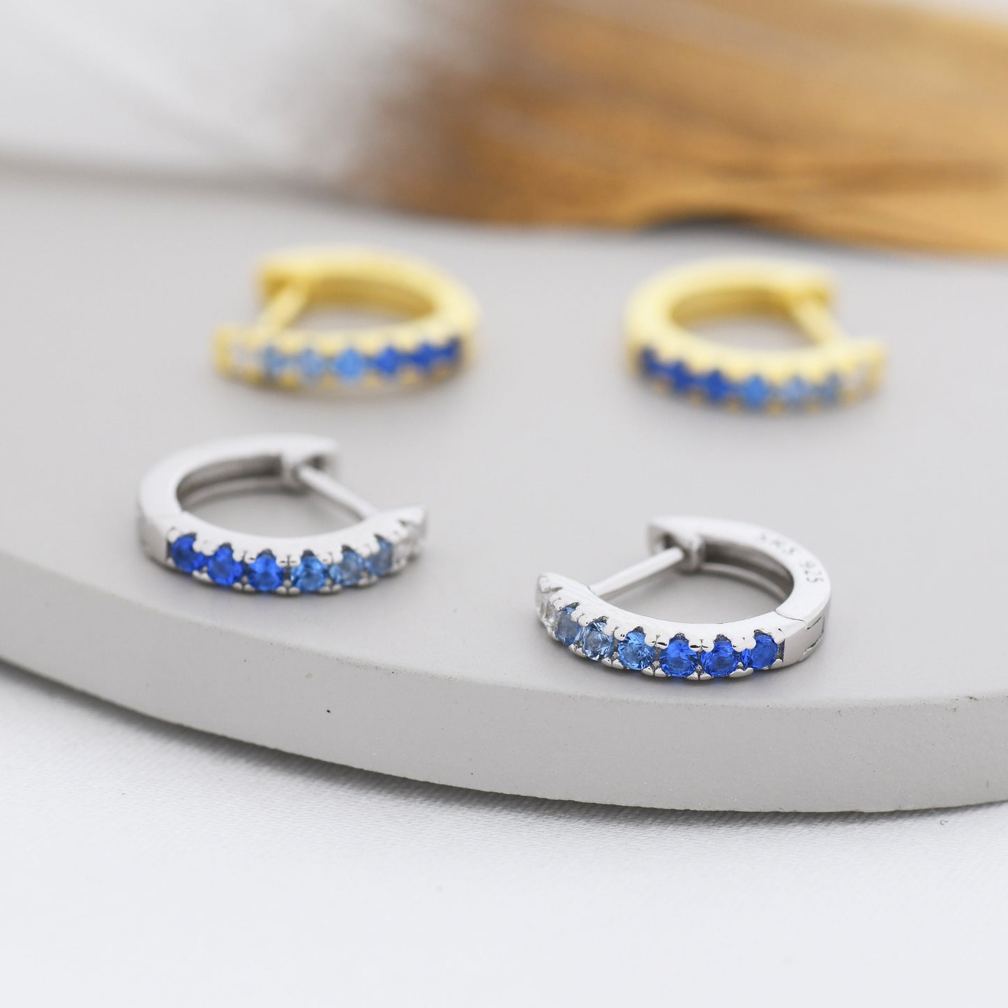 Sapphire Blue Ombre CZ Huggie Hoops in Sterling Silver, Silver or Gold, Minimalist Hoop Earrings, 8mm Hoops, cartilage hoops, Gradient