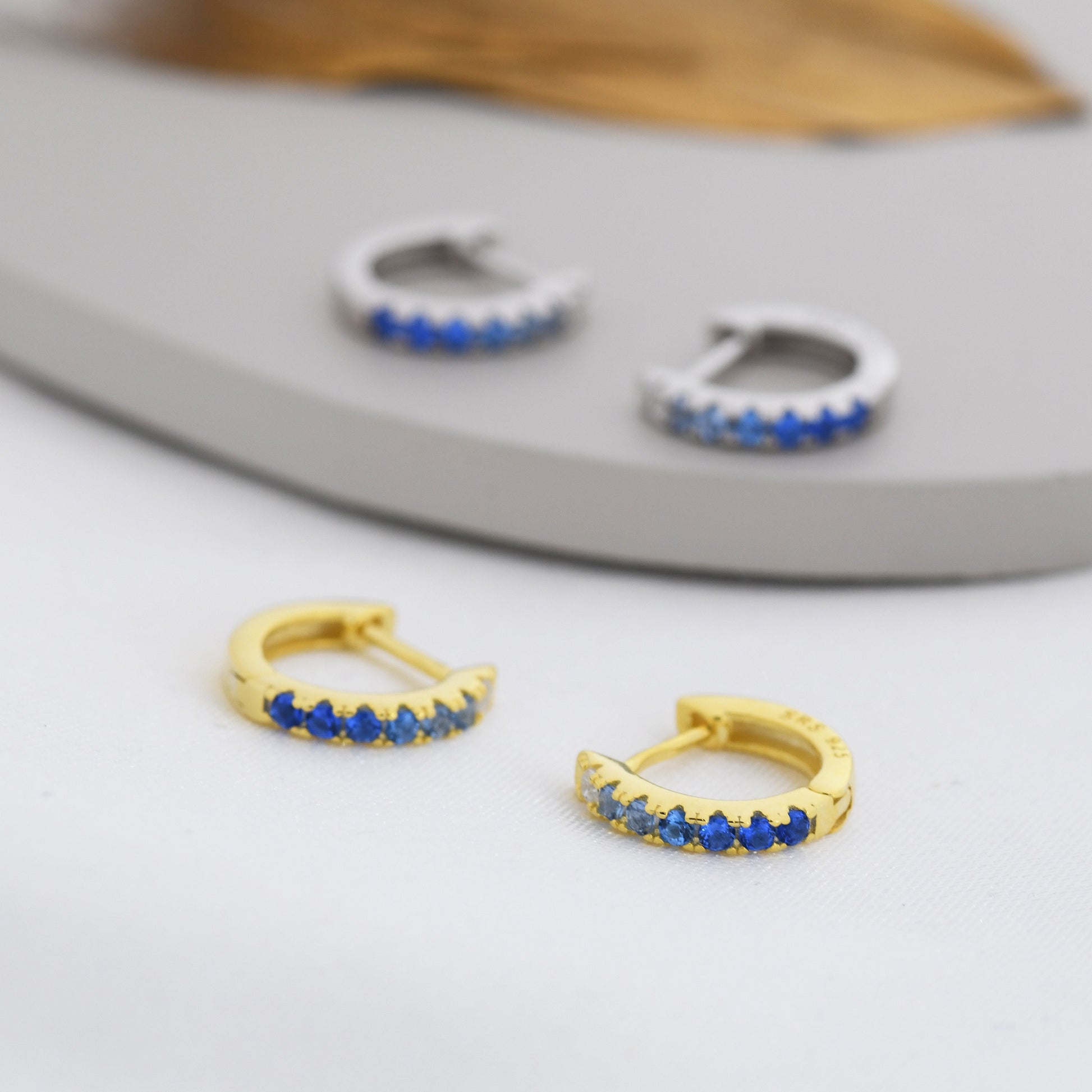 Sapphire Blue Ombre CZ Huggie Hoops in Sterling Silver, Silver or Gold, Minimalist Hoop Earrings, 8mm Hoops, cartilage hoops, Gradient