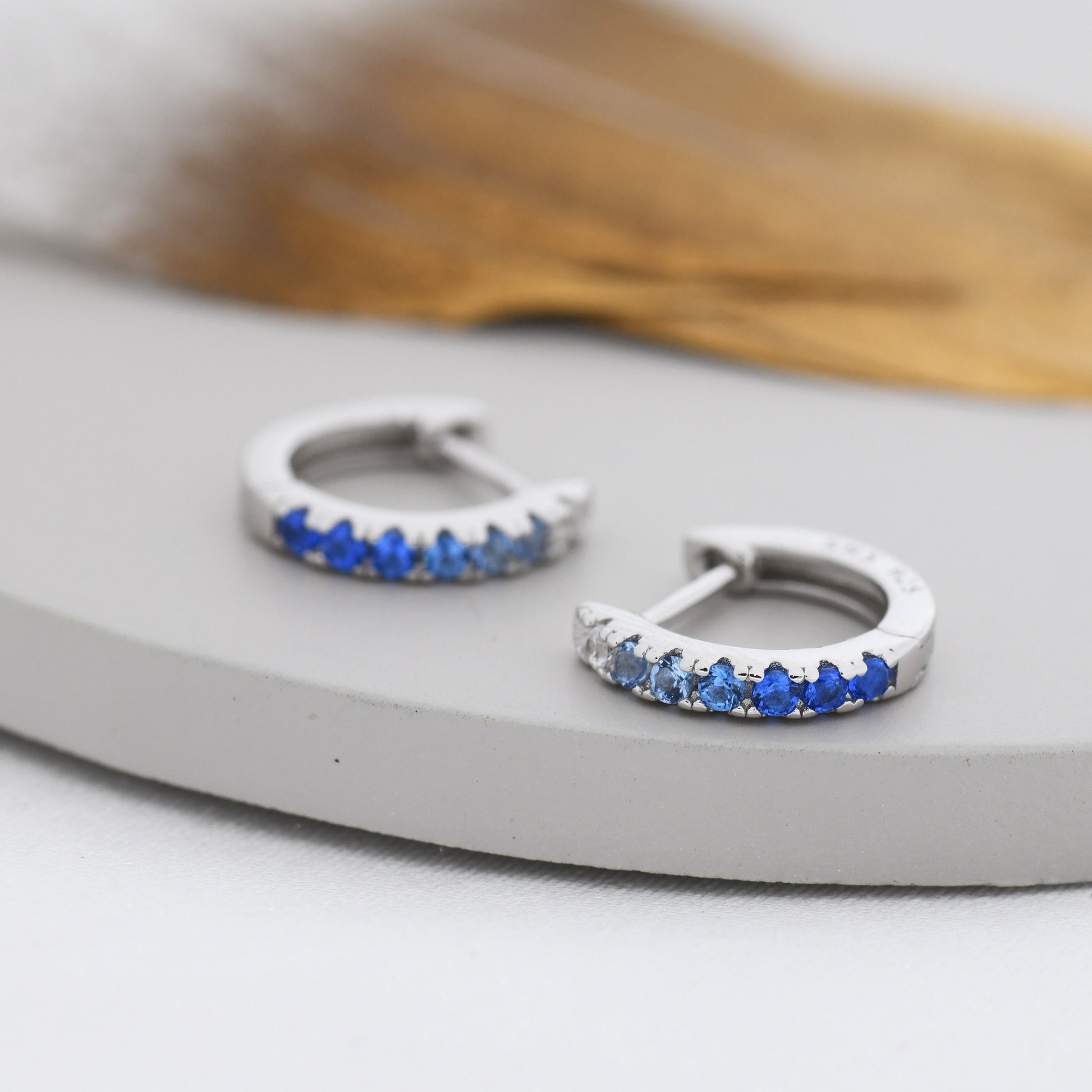 Sapphire Blue Ombre CZ Huggie Hoops in Sterling Silver, Silver or Gold, Minimalist Hoop Earrings, 8mm Hoops, cartilage hoops, Gradient