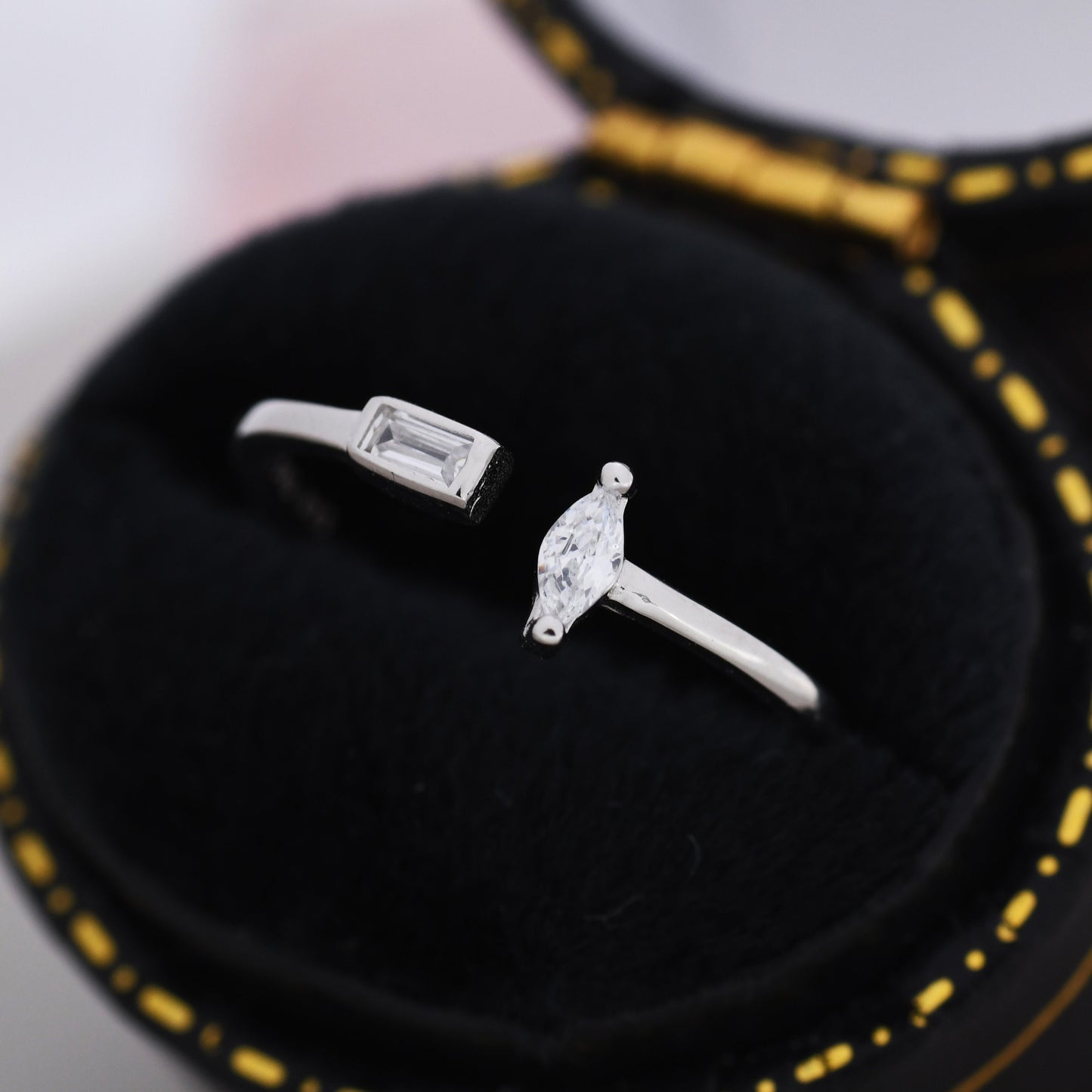 CZ Marquise and Baguette Open Ring in Sterling Silver, Silver or Gold, Adjustable, Geometric Minimalist CZ Ring