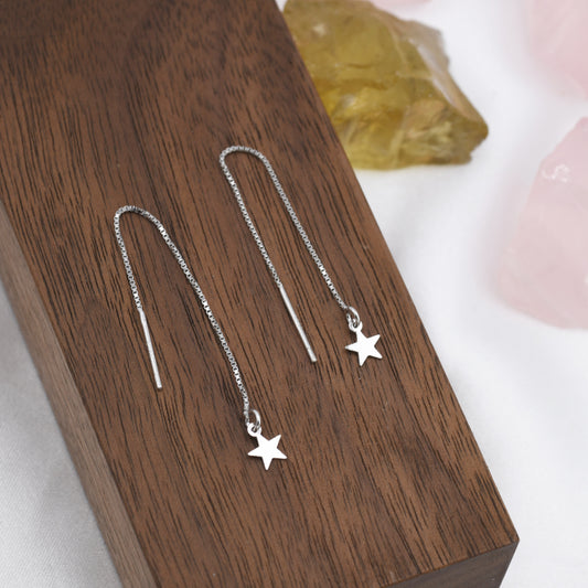 Sterling Silver Tiny Star Ear Threaders, Silver, Delicate Star Drop Earrings, Minimalist Threader Earrings