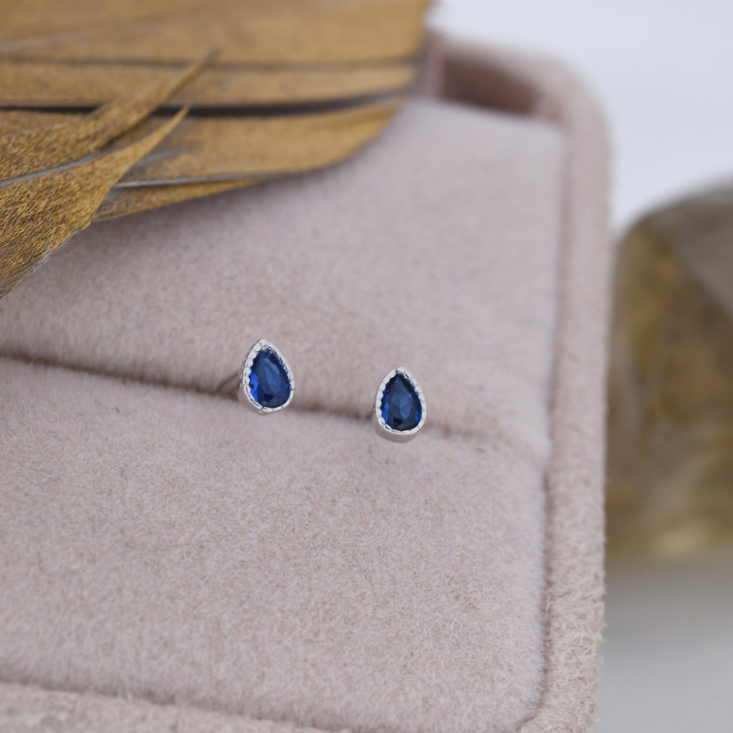 Tiny Sapphire Blue Droplet Stud Earrings in Sterling Silver, Pear Cut CZ Stud  Extra Tiny, Stacking Earrings