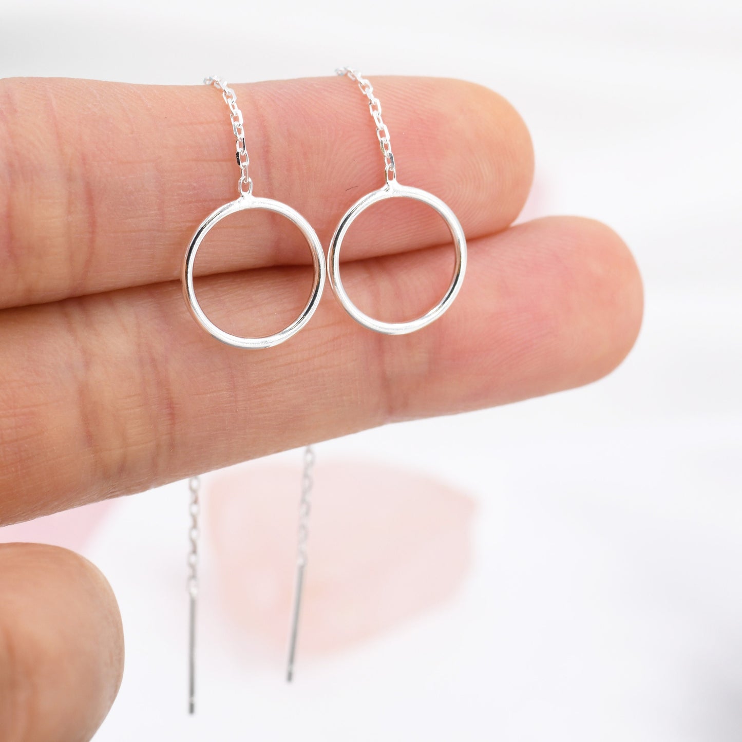 Sterling Silver Open Circle Threaders, Available in two Lengths, Delicate Circle Earrings, Minimalist Ear Threaders