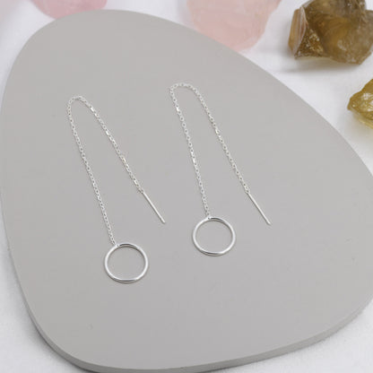 Sterling Silver Open Circle Threaders, Available in two Lengths, Delicate Circle Earrings, Minimalist Ear Threaders