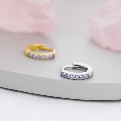 Amethyst Purple CZ Huggie Hoops in Sterling Silver, Silver or Gold, Minimalist Hoop Earrings, 6mm, 7mm and 8mm Hoops, Cartilage Hoops