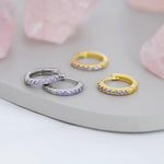 Amethyst Purple CZ Huggie Hoops in Sterling Silver, Silver or Gold, Minimalist Hoop Earrings, 6mm, 7mm and 8mm Hoops, Cartilage Hoops