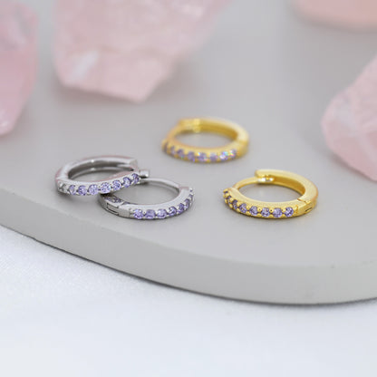 Amethyst Purple CZ Huggie Hoops in Sterling Silver, Silver or Gold, Minimalist Hoop Earrings, 6mm, 7mm and 8mm Hoops, Cartilage Hoops