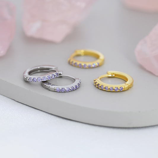 Amethyst Purple CZ Huggie Hoops in Sterling Silver, Silver or Gold, Minimalist Hoop Earrings, 6mm, 7mm and 8mm Hoops, Cartilage Hoops