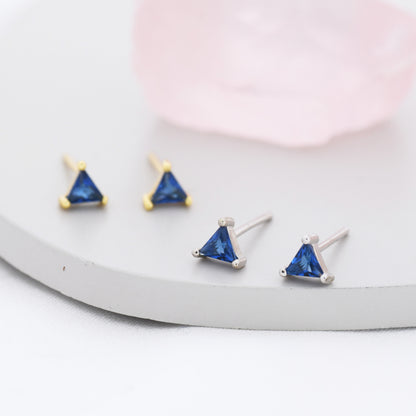 Sapphire Blue CZ Triangle Stud Earrings in Sterling Silver, Silver or Gold, Dainty Earrings,  Stacking Earrings, CZ Crystal Stud