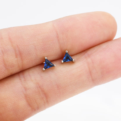 Sapphire Blue CZ Triangle Stud Earrings in Sterling Silver, Silver or Gold, Dainty Earrings,  Stacking Earrings, CZ Crystal Stud