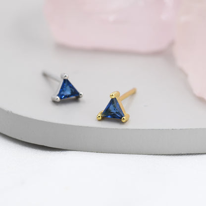 Sapphire Blue CZ Triangle Stud Earrings in Sterling Silver, Silver or Gold, Dainty Earrings,  Stacking Earrings, CZ Crystal Stud