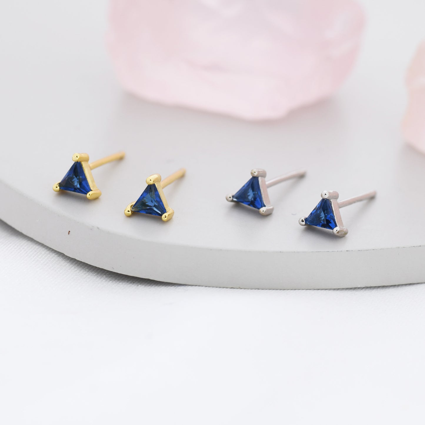 Sapphire Blue CZ Triangle Stud Earrings in Sterling Silver, Silver or Gold, Dainty Earrings,  Stacking Earrings, CZ Crystal Stud