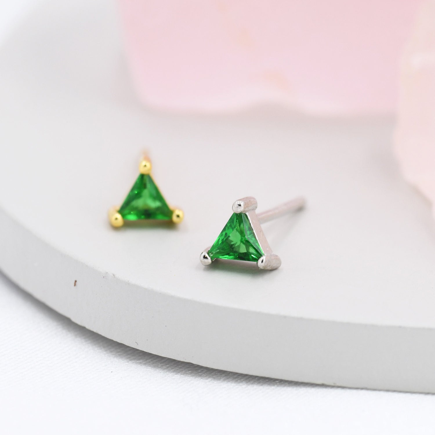 Emerald Green CZ Triangle Stud Earrings in Sterling Silver, Silver or Gold, Dainty Earrings,  Stacking Earrings, CZ Crystal Stud