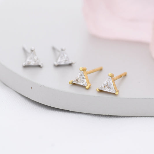 CZ Triangle Stud Earrings in Sterling Silver, Silver or Gold, Dainty Earrings,  Stacking Earrings, CZ Crystal Stud