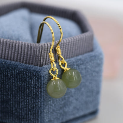 Natural Jade Hook Earrings in Sterling Silver, Gold over Silver, Green Jade Earrings, Genuine Jade Earrings