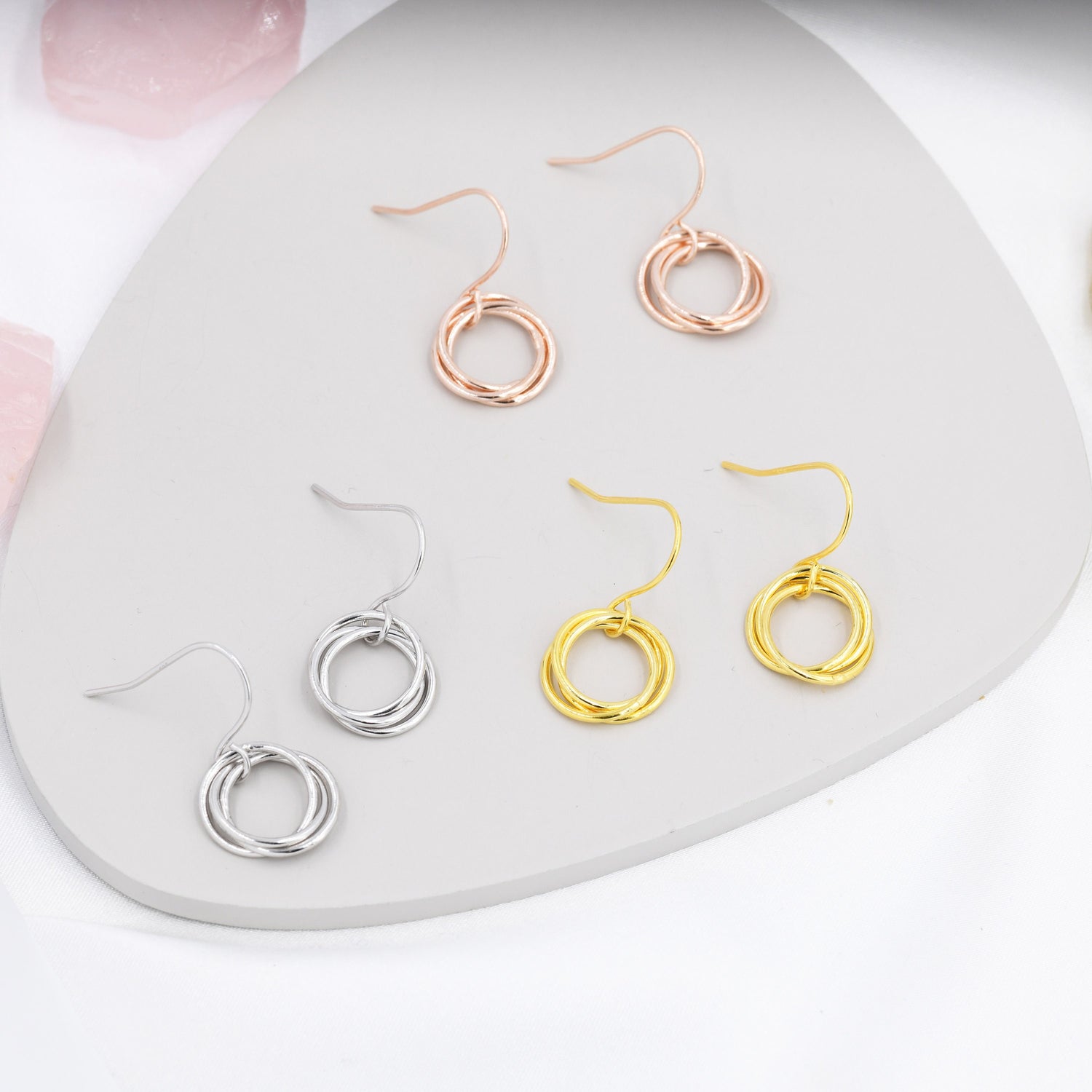 Interlinked Rings Drop Earrings in Sterling Silver, Also with Gold Finish or Rose Gold Finish, Minimalist Knot Dangle Earrings