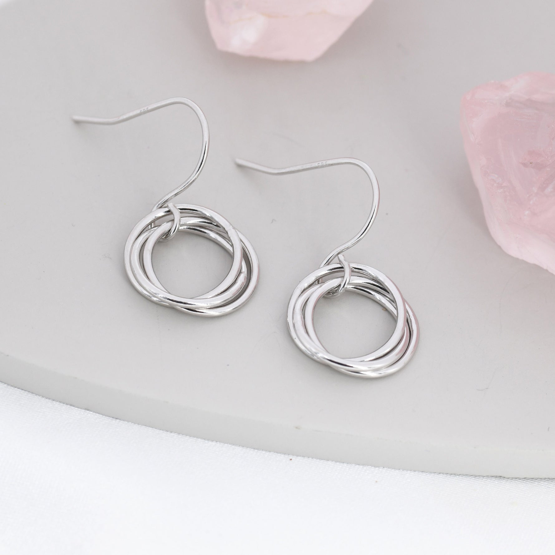Interlinked Rings Drop Earrings in Sterling Silver, Also with Gold Finish or Rose Gold Finish, Minimalist Knot Dangle Earrings