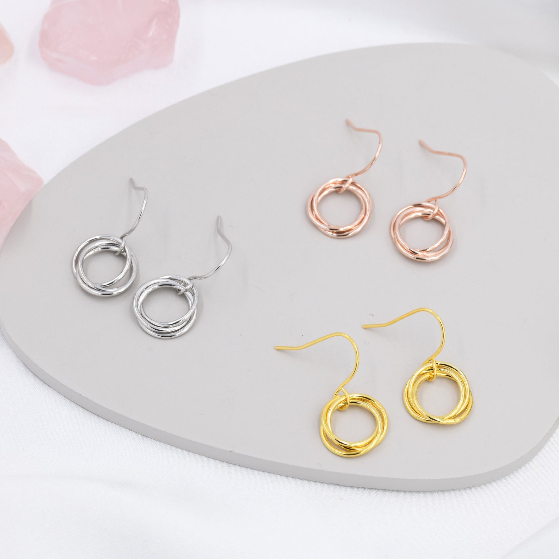 Interlinked Rings Drop Earrings in Sterling Silver, Also with Gold Finish or Rose Gold Finish, Minimalist Knot Dangle Earrings