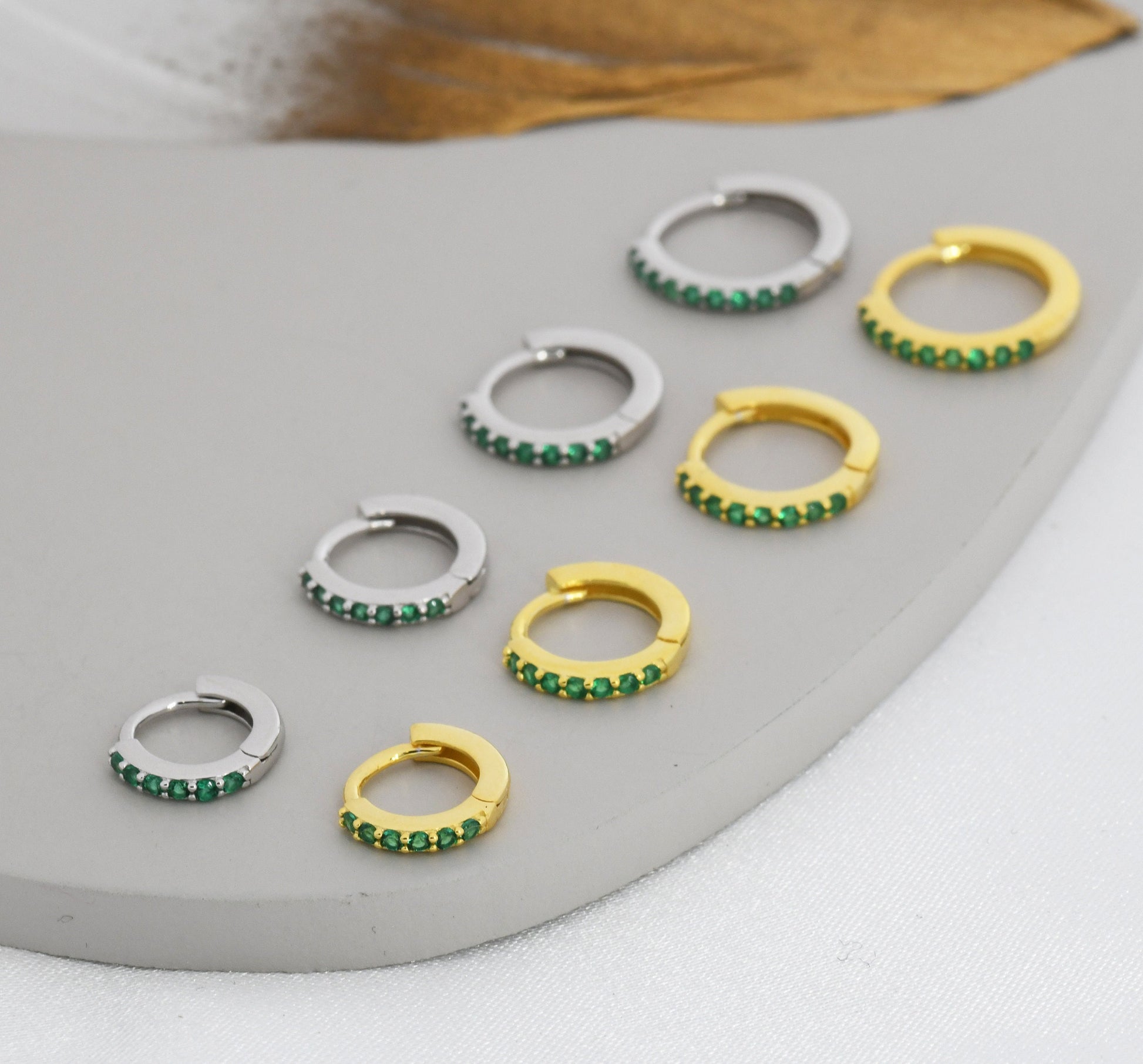 Emerald Green CZ Huggie Hoops in Sterling Silver, Silver or Gold, Minimalist Hoop Earrings, 6mm, 7mm, 8mm Hoops, cartilage hoops,