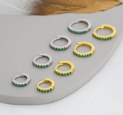 Emerald Green CZ Huggie Hoops in Sterling Silver, Silver or Gold, Minimalist Hoop Earrings, 6mm, 7mm, 8mm Hoops, cartilage hoops,