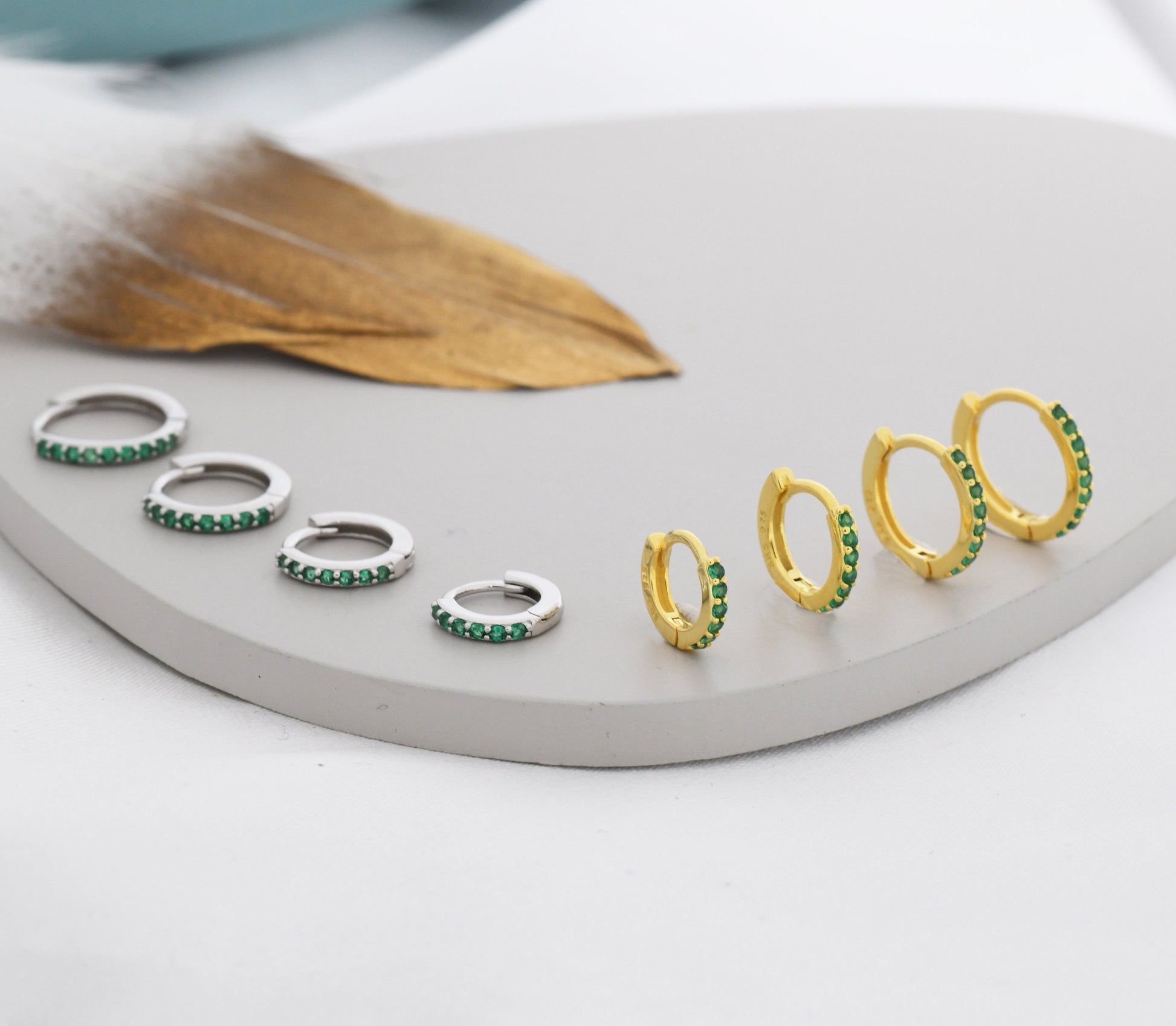 Emerald Green CZ Huggie Hoops in Sterling Silver, Silver or Gold, Minimalist Hoop Earrings, 6mm, 7mm, 8mm Hoops, cartilage hoops,