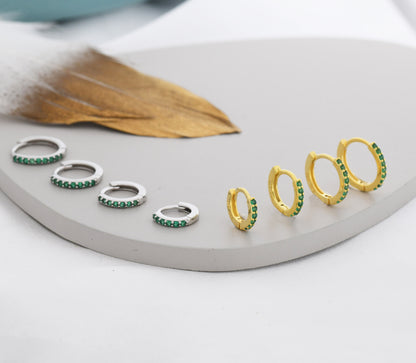 Emerald Green CZ Huggie Hoops in Sterling Silver, Silver or Gold, Minimalist Hoop Earrings, 6mm, 7mm, 8mm Hoops, cartilage hoops,