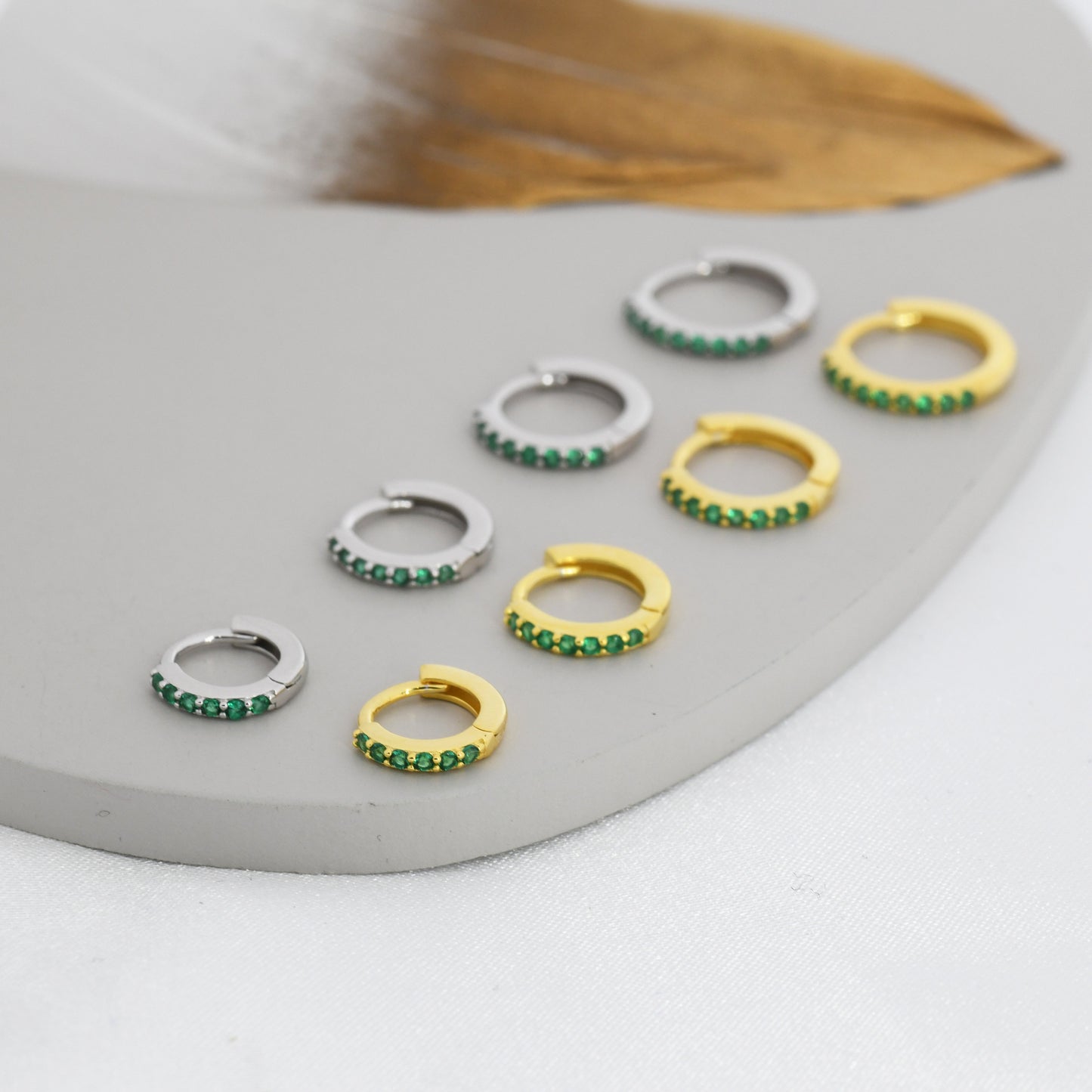 Emerald Green CZ Huggie Hoops in Sterling Silver, Silver or Gold, Minimalist Hoop Earrings, 6mm, 7mm, 8mm Hoops, cartilage hoops,