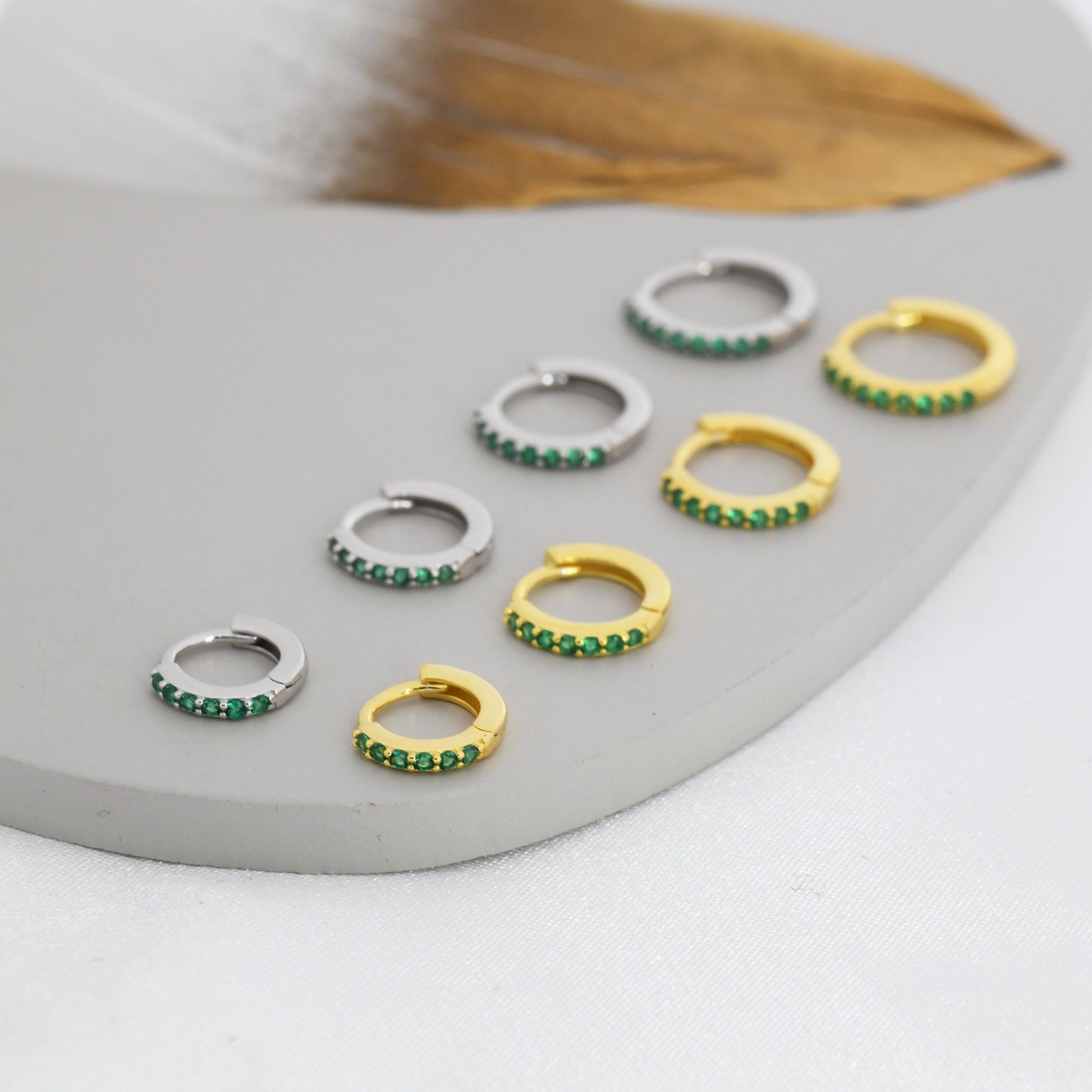 Emerald Green CZ Huggie Hoops in Sterling Silver, Silver or Gold, Minimalist Hoop Earrings, 6mm, 7mm, 8mm Hoops, cartilage hoops,