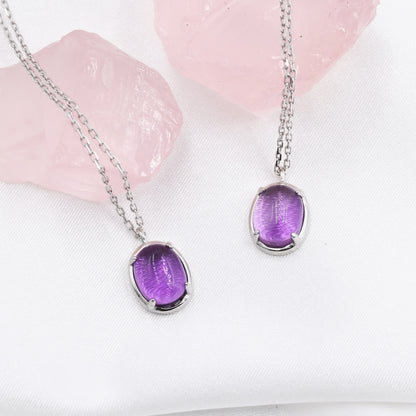 Genuine Amethyst Crystal Oval Necklace in Sterling Silver, Oval Cabochon Natural Amethyst Necklace, February Birthstone