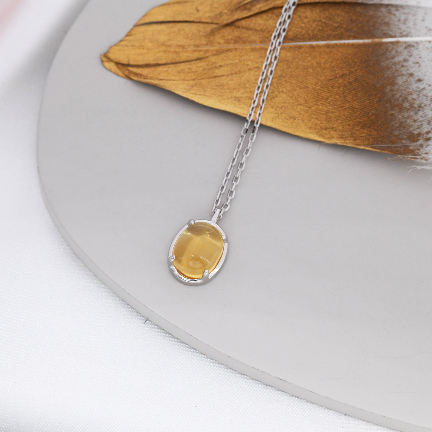 Genuine Citrine Crystal Oval Necklace in Sterling Silver, Oval Cabochon Natural Citrine Stone Necklace, November Birthstone