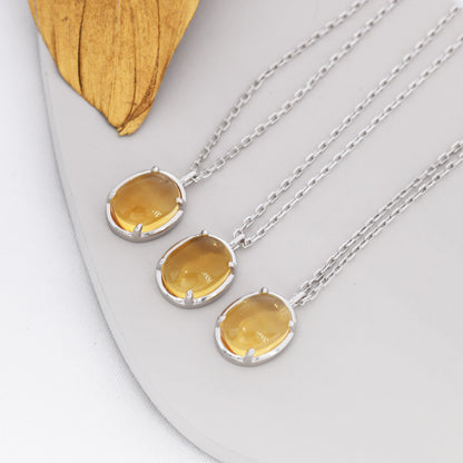 Genuine Citrine Crystal Oval Necklace in Sterling Silver, Oval Cabochon Natural Citrine Stone Necklace, November Birthstone