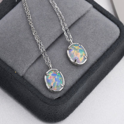 Opal Oval Necklace in Sterling Silver, Dainty Oval Cabochon Necklace, October Birthstone