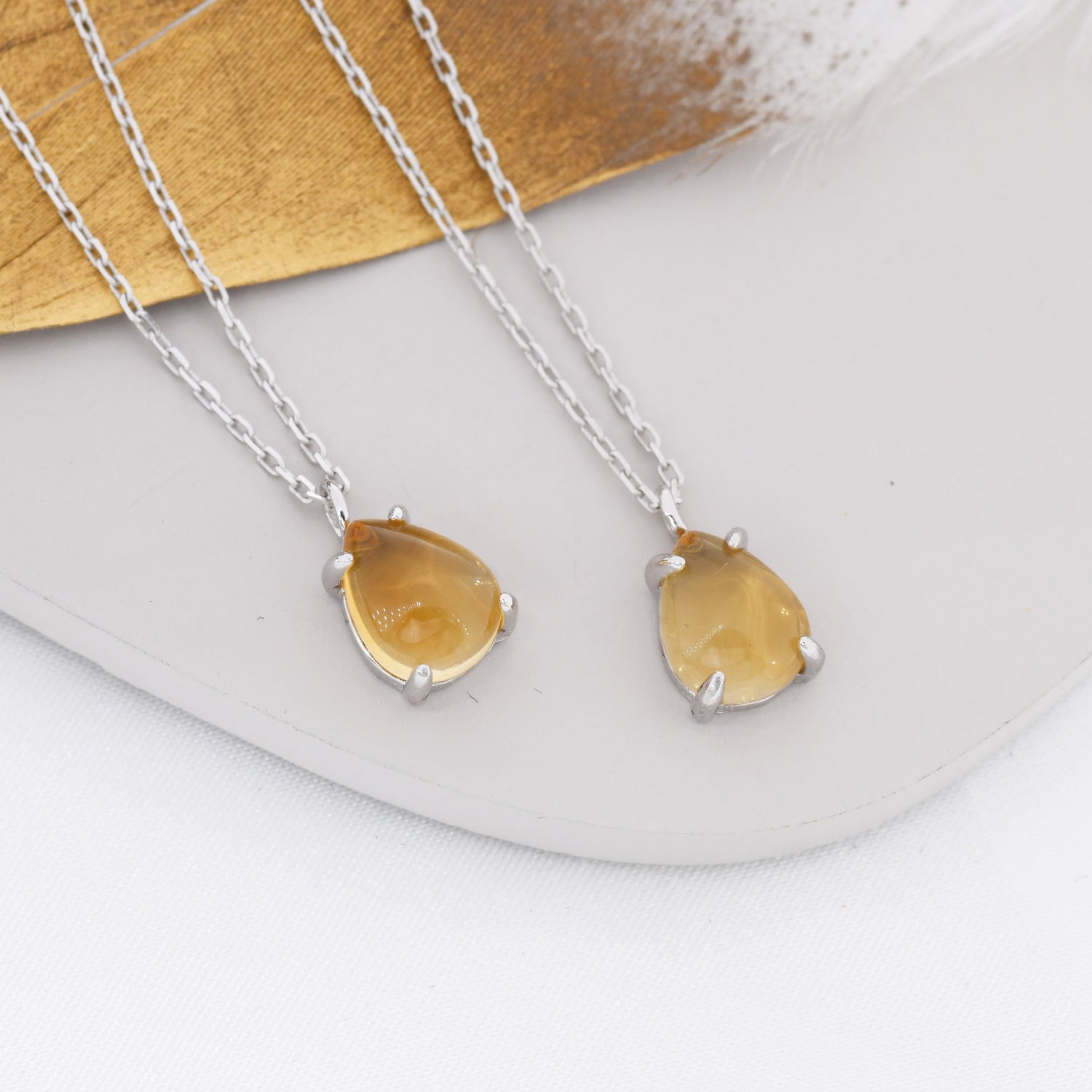 Genuine Citrine Crystal Pear Necklace in Sterling Silver, Droplet Cabochon Natural Citrine Stone Necklace, November Birthstone