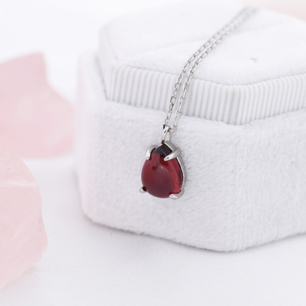 Genuine Garnet Crystal Pear Necklace in Sterling Silver, Droplet Cabochon Natural Garnet Stone Necklace, January Birthstone