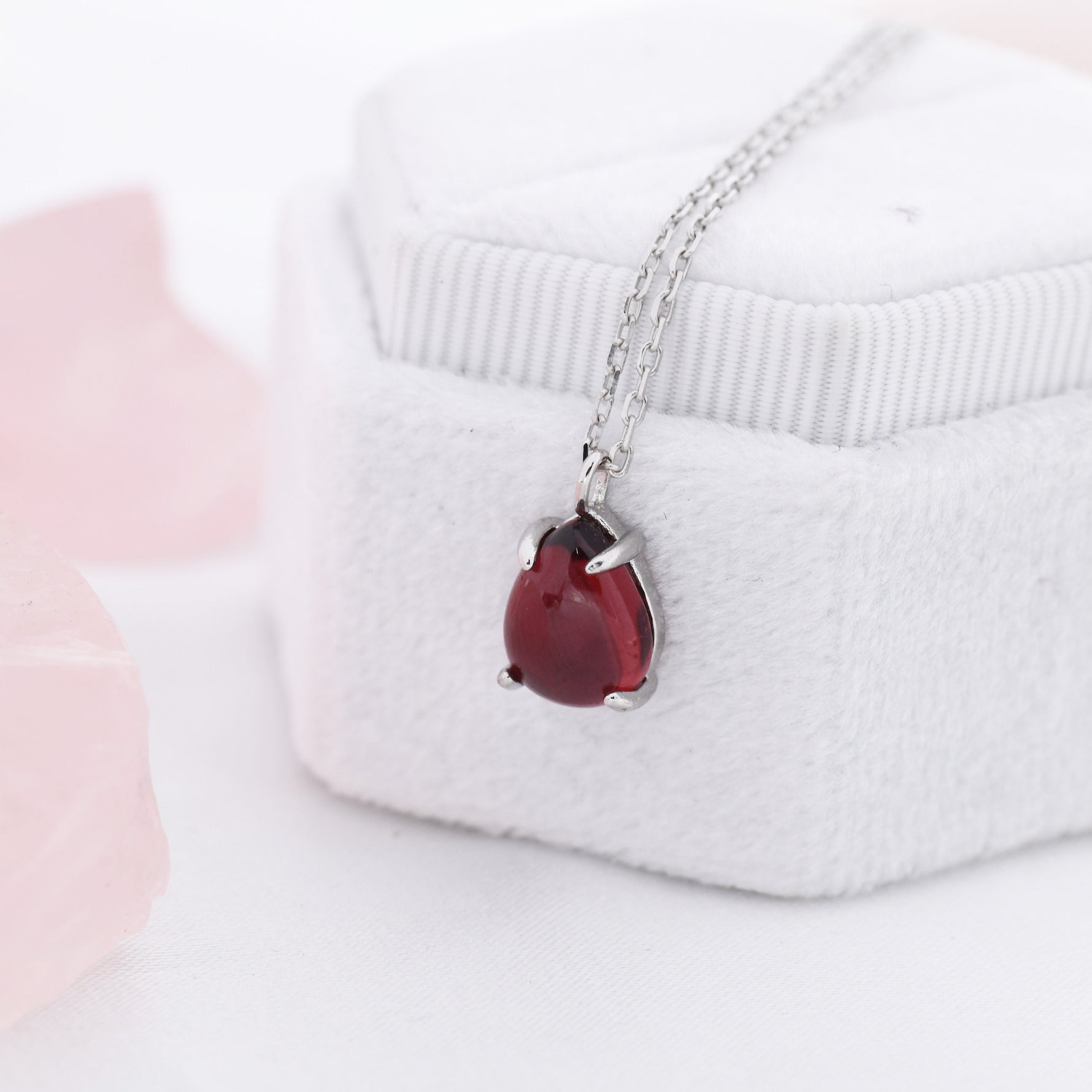 Genuine Garnet Crystal Pear Necklace in Sterling Silver, Droplet Cabochon Natural Garnet Stone Necklace, January Birthstone