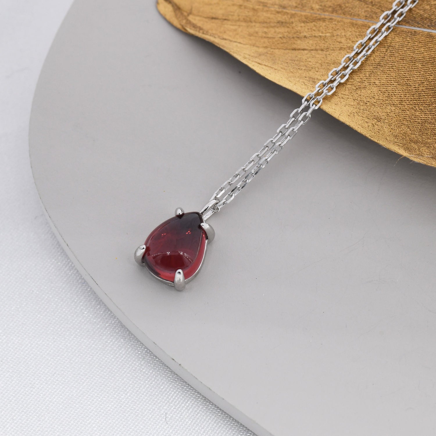 Genuine Garnet Crystal Pear Necklace in Sterling Silver, Droplet Cabochon Natural Garnet Stone Necklace, January Birthstone