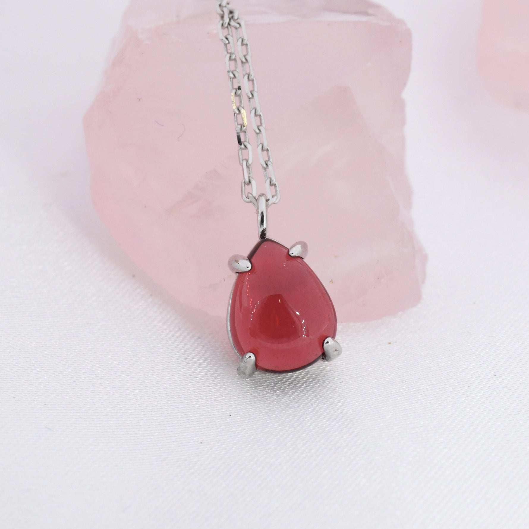 Genuine Garnet Crystal Pear Necklace in Sterling Silver, Droplet Cabochon Natural Garnet Stone Necklace, January Birthstone