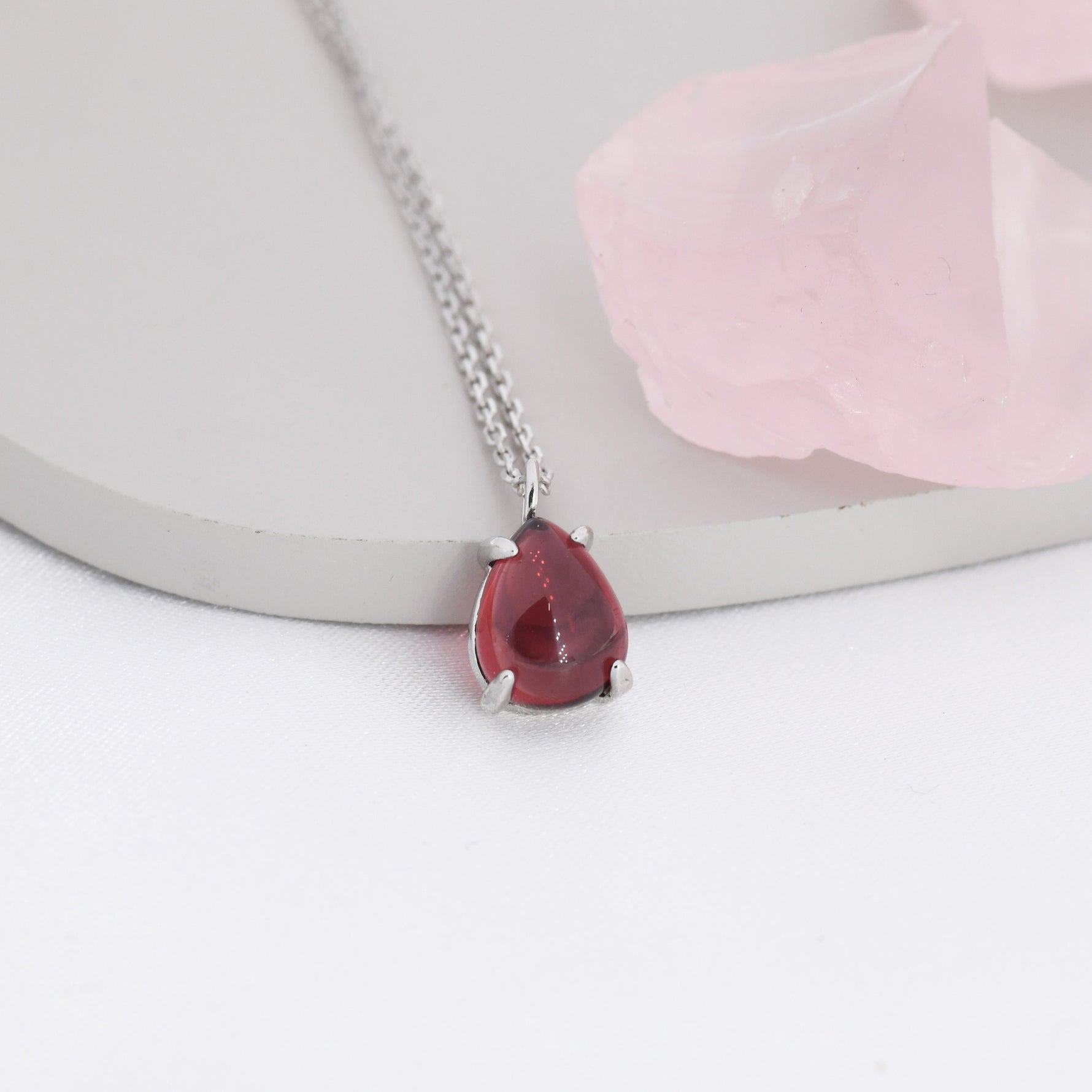 Genuine Garnet Crystal Pear Necklace in Sterling Silver, Droplet Cabochon Natural Garnet Stone Necklace, January Birthstone
